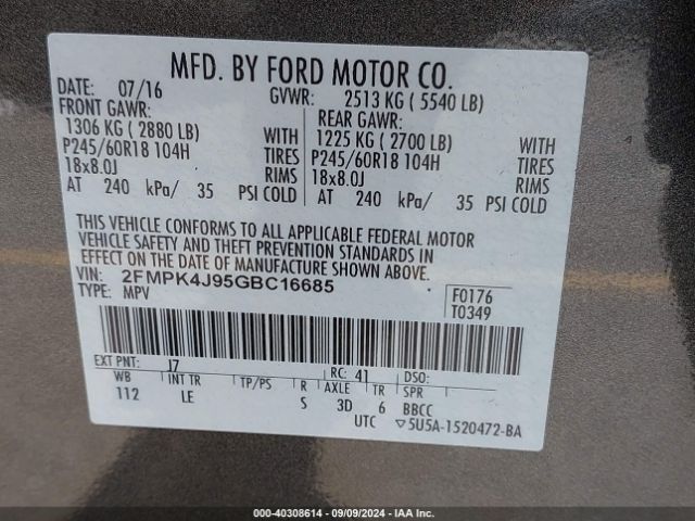 Photo 8 VIN: 2FMPK4J95GBC16685 - FORD EDGE 