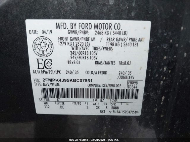 Photo 8 VIN: 2FMPK4J95KBC07851 - FORD EDGE 