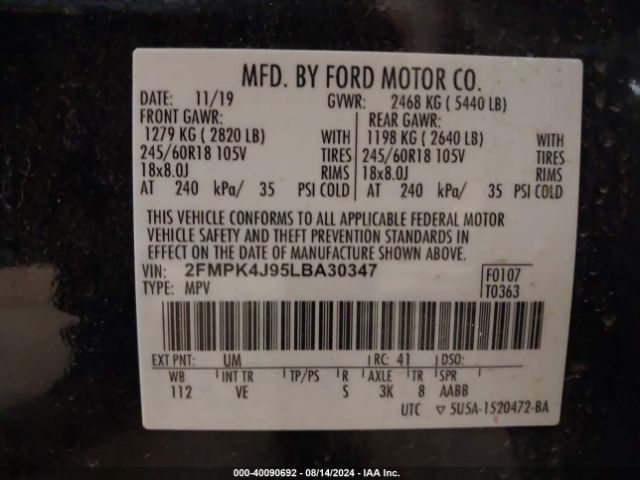 Photo 8 VIN: 2FMPK4J95LBA30347 - FORD EDGE 