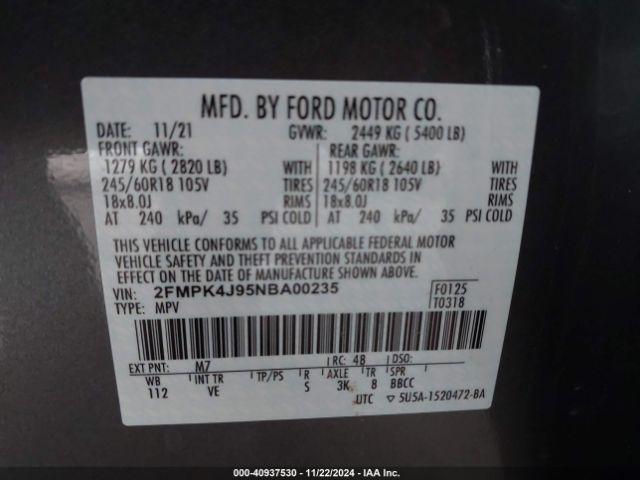 Photo 8 VIN: 2FMPK4J95NBA00235 - FORD EDGE 