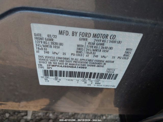 Photo 8 VIN: 2FMPK4J95NBA14989 - FORD EDGE 