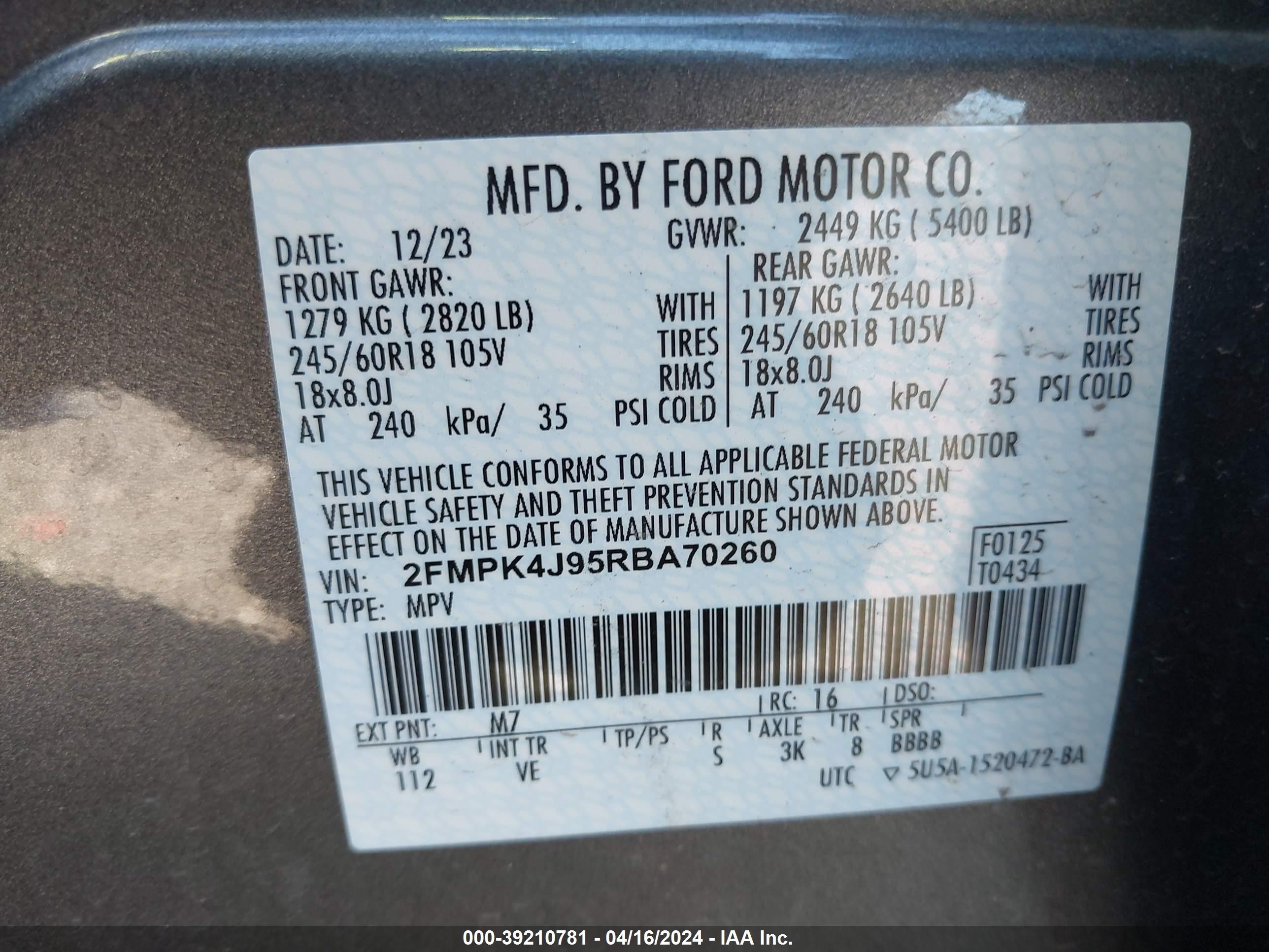 Photo 8 VIN: 2FMPK4J95RBA70260 - FORD EDGE 