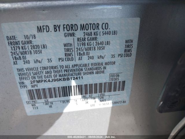 Photo 8 VIN: 2FMPK4J96KBB12411 - FORD EDGE 