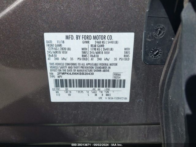 Photo 8 VIN: 2FMPK4J96KBB20430 - FORD EDGE 