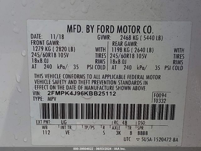 Photo 8 VIN: 2FMPK4J96KBB25112 - FORD EDGE 