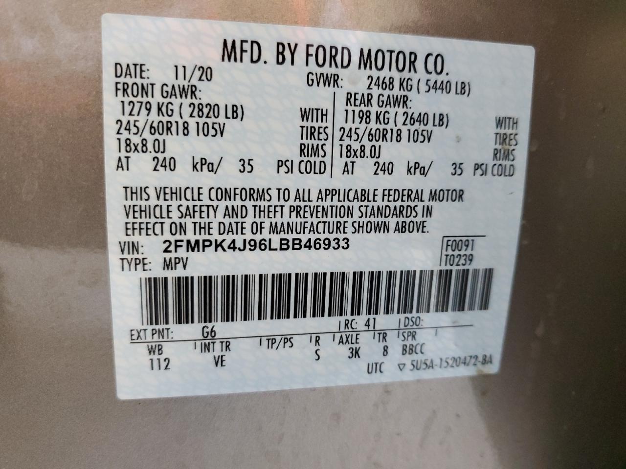 Photo 12 VIN: 2FMPK4J96LBB46933 - FORD EDGE 