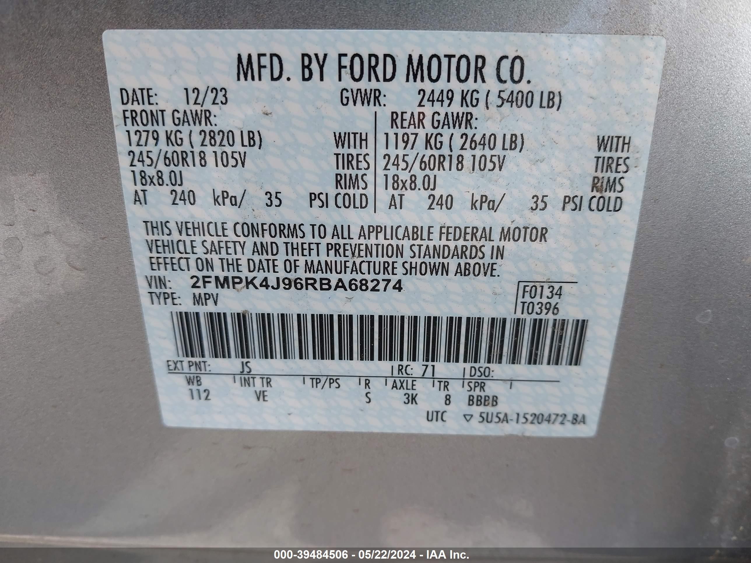 Photo 8 VIN: 2FMPK4J96RBA68274 - FORD EDGE 