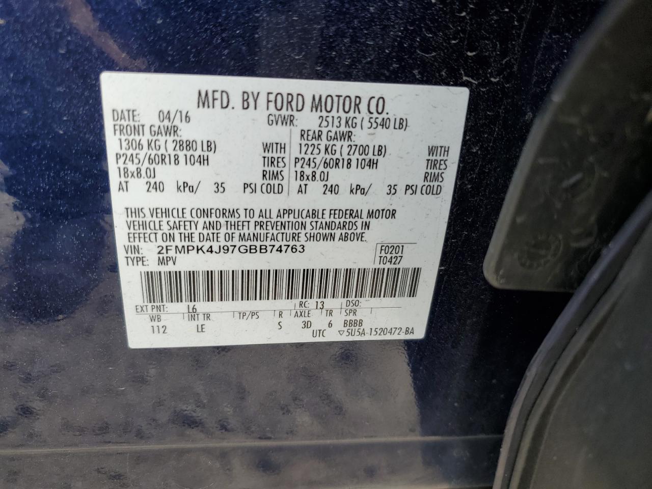 Photo 12 VIN: 2FMPK4J97GBB74763 - FORD EDGE 