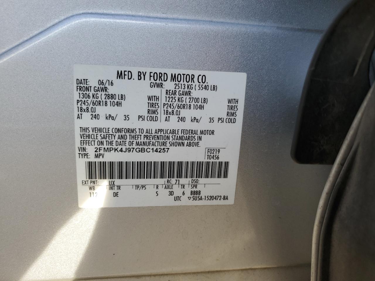 Photo 11 VIN: 2FMPK4J97GBC14257 - FORD EDGE 