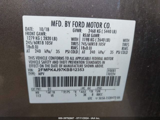 Photo 8 VIN: 2FMPK4J97KBB12353 - FORD EDGE 