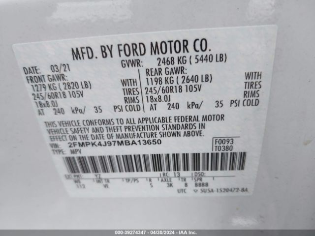 Photo 8 VIN: 2FMPK4J97MBA13650 - FORD EDGE 