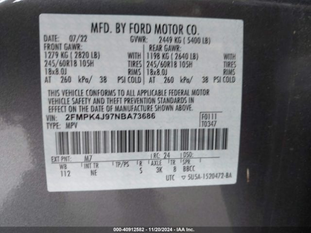 Photo 8 VIN: 2FMPK4J97NBA73686 - FORD EDGE 