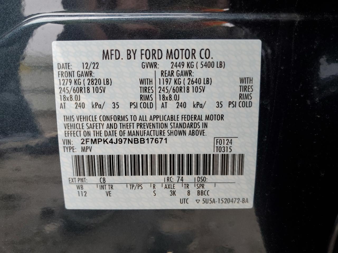 Photo 12 VIN: 2FMPK4J97NBB17671 - FORD EDGE 