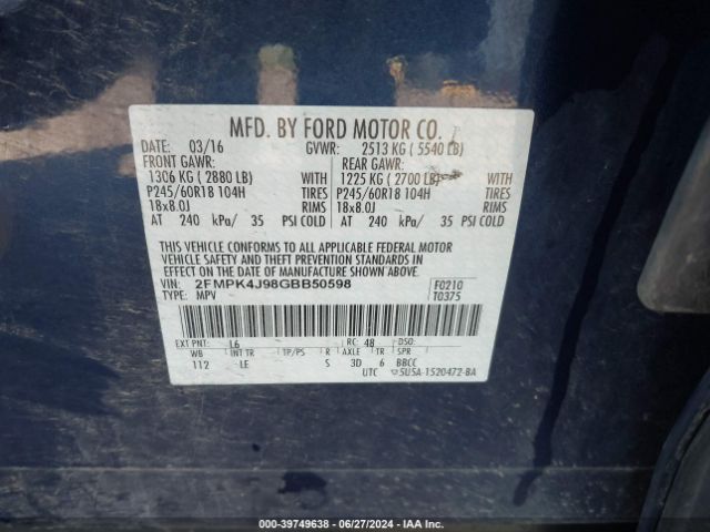 Photo 8 VIN: 2FMPK4J98GBB50598 - FORD EDGE 