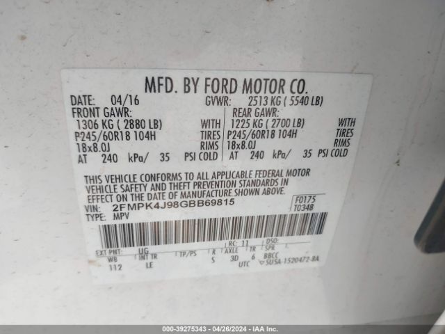 Photo 8 VIN: 2FMPK4J98GBB69815 - FORD EDGE 