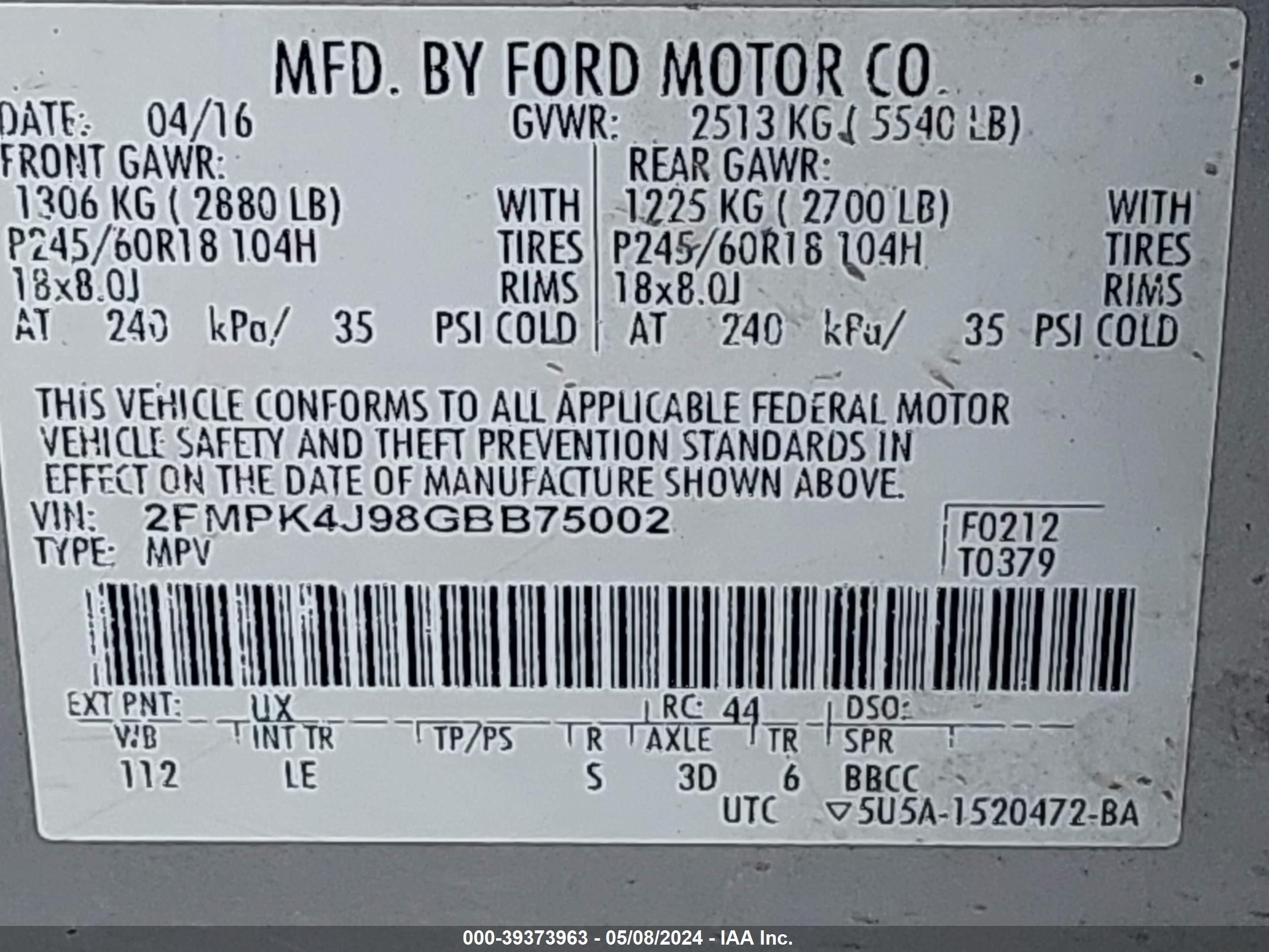 Photo 8 VIN: 2FMPK4J98GBB75002 - FORD EDGE 