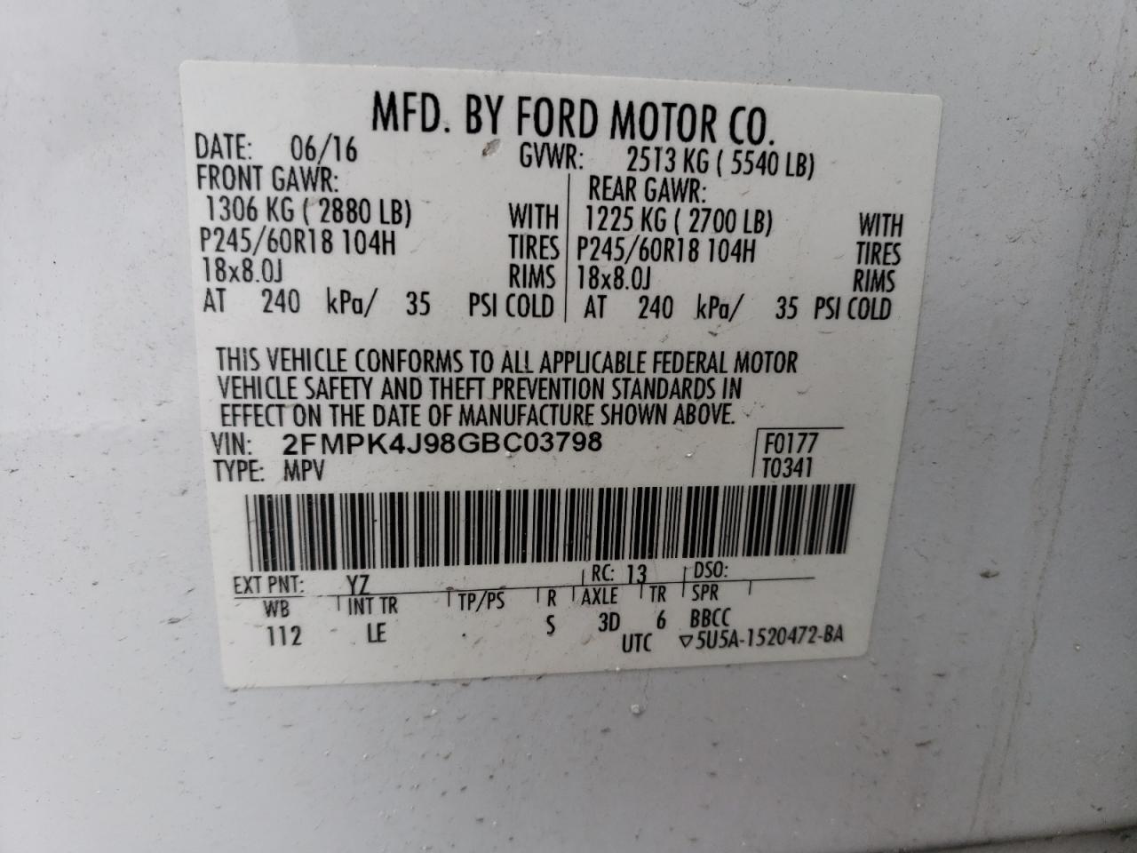 Photo 11 VIN: 2FMPK4J98GBC03798 - FORD EDGE 