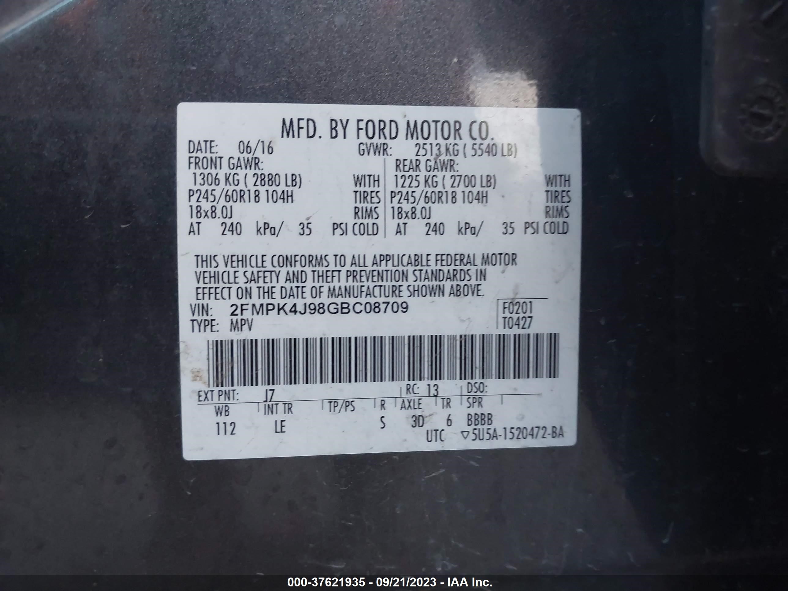 Photo 8 VIN: 2FMPK4J98GBC08709 - FORD EDGE 