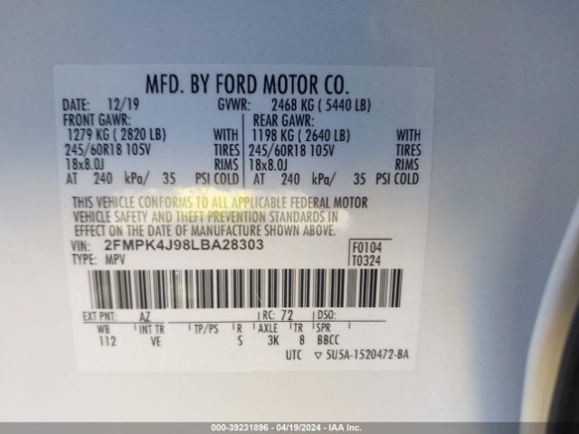 Photo 8 VIN: 2FMPK4J98LBA28303 - FORD EDGE 