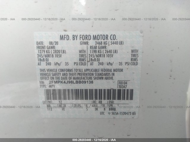 Photo 8 VIN: 2FMPK4J98LBB09138 - FORD EDGE 