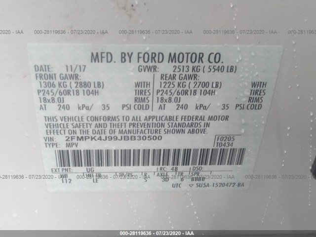 Photo 8 VIN: 2FMPK4J99JBB30500 - FORD EDGE 