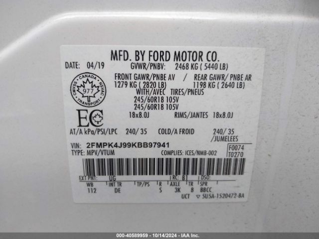 Photo 8 VIN: 2FMPK4J99KBB97941 - FORD EDGE 