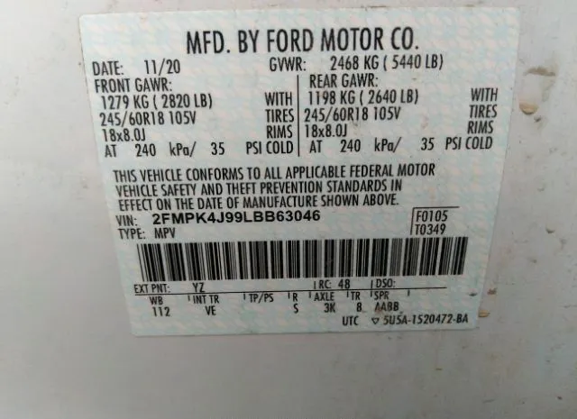 Photo 8 VIN: 2FMPK4J99LBB63046 - FORD EDGE 