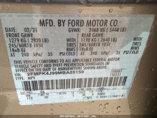 Photo 8 VIN: 2FMPK4J99MBA05159 - FORD EDGE 