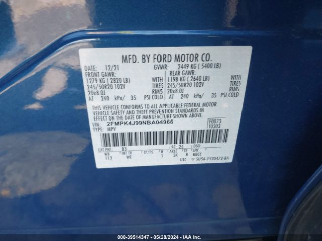 Photo 8 VIN: 2FMPK4J99NBA04966 - FORD EDGE 