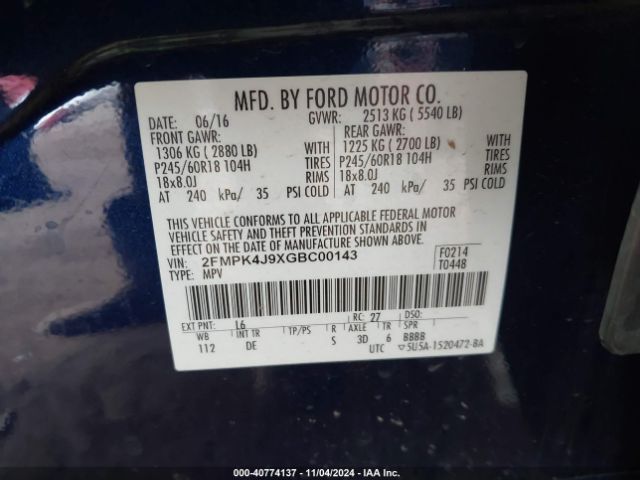 Photo 8 VIN: 2FMPK4J9XGBC00143 - FORD EDGE 