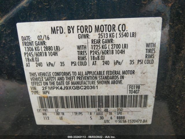 Photo 8 VIN: 2FMPK4J9XGBC20361 - FORD EDGE 