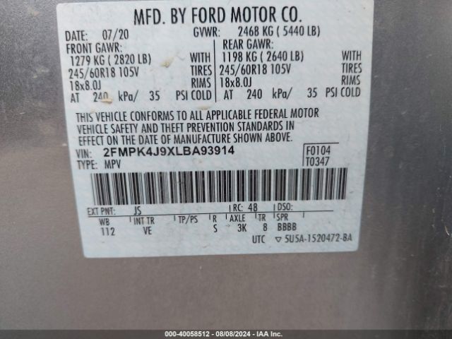 Photo 8 VIN: 2FMPK4J9XLBA93914 - FORD EDGE 