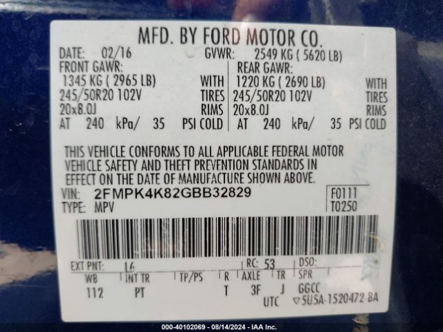 Photo 8 VIN: 2FMPK4K82GBB32829 - FORD EDGE 