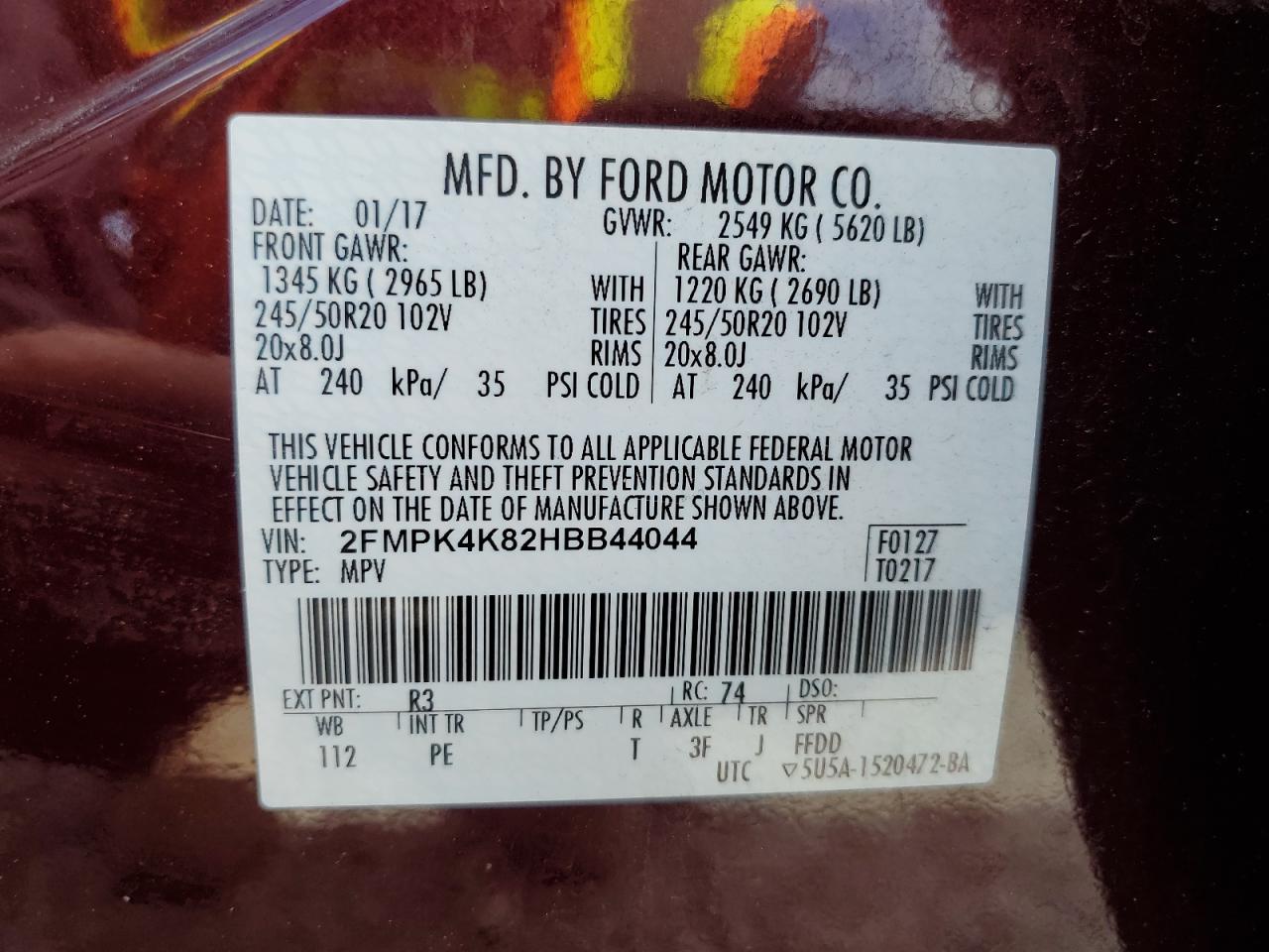 Photo 12 VIN: 2FMPK4K82HBB44044 - FORD EDGE 