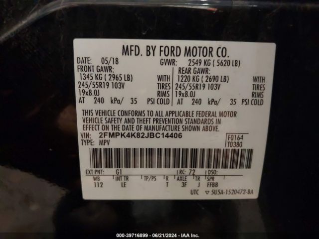 Photo 8 VIN: 2FMPK4K82JBC14406 - FORD EDGE 