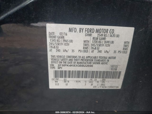 Photo 8 VIN: 2FMPK4K83GBB22696 - FORD EDGE 