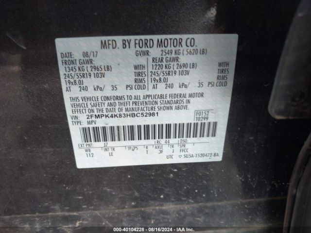 Photo 8 VIN: 2FMPK4K83HBC52981 - FORD EDGE 