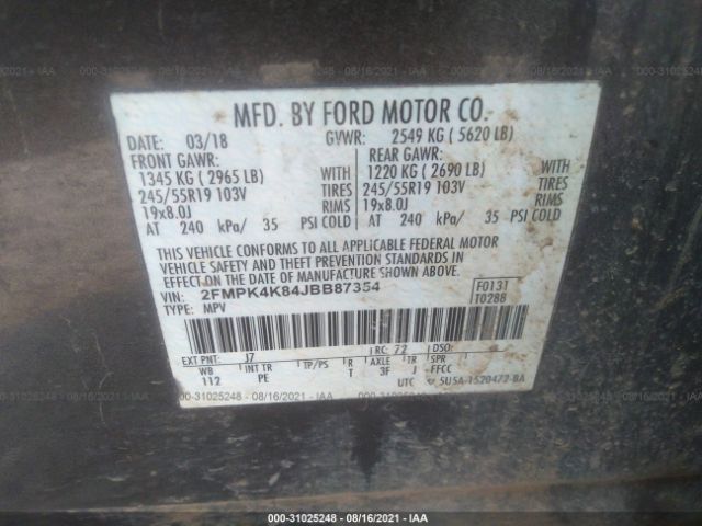 Photo 8 VIN: 2FMPK4K84JBB87354 - FORD EDGE 