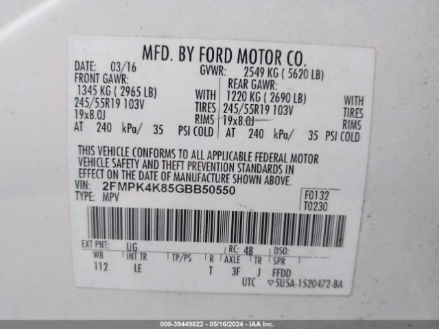 Photo 8 VIN: 2FMPK4K85GBB50550 - FORD EDGE 