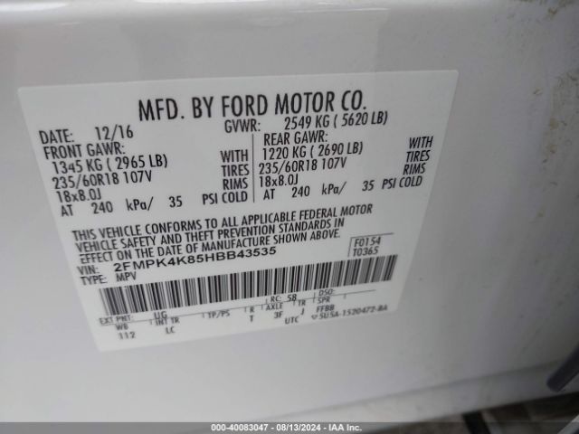 Photo 8 VIN: 2FMPK4K85HBB43535 - FORD EDGE 