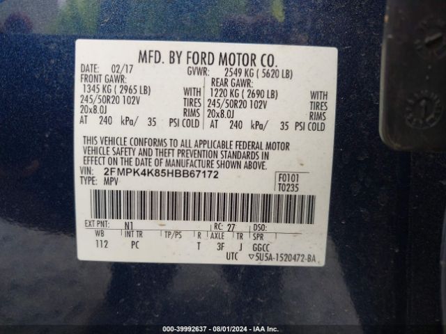 Photo 8 VIN: 2FMPK4K85HBB67172 - FORD EDGE 