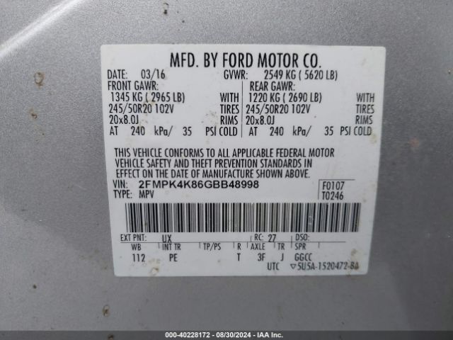 Photo 8 VIN: 2FMPK4K86GBB48998 - FORD EDGE 