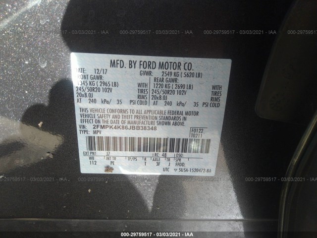 Photo 8 VIN: 2FMPK4K86JBB38348 - FORD EDGE 