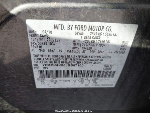 Photo 8 VIN: 2FMPK4K86JBB87100 - FORD EDGE 