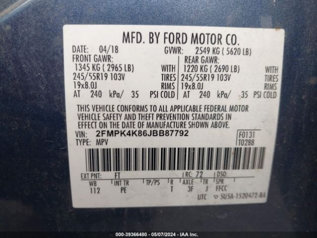 Photo 8 VIN: 2FMPK4K86JBB87792 - FORD EDGE 