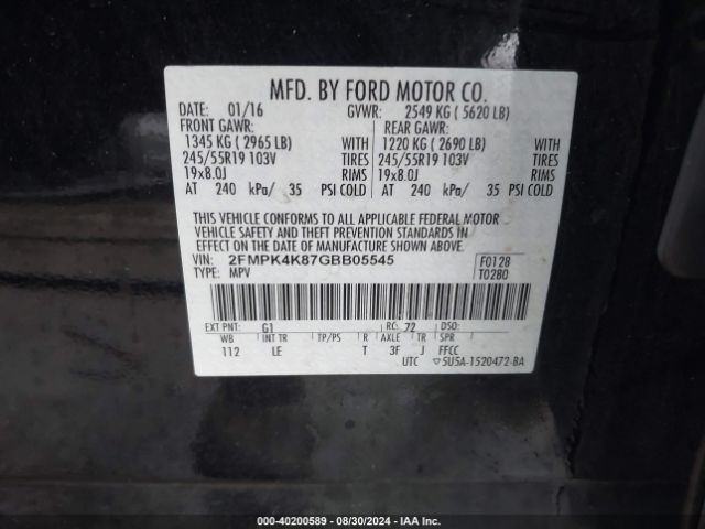 Photo 8 VIN: 2FMPK4K87GBB05545 - FORD EDGE 