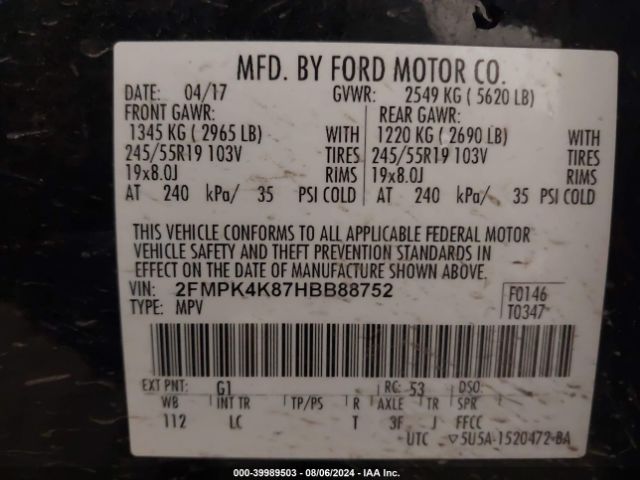 Photo 8 VIN: 2FMPK4K87HBB88752 - FORD EDGE 