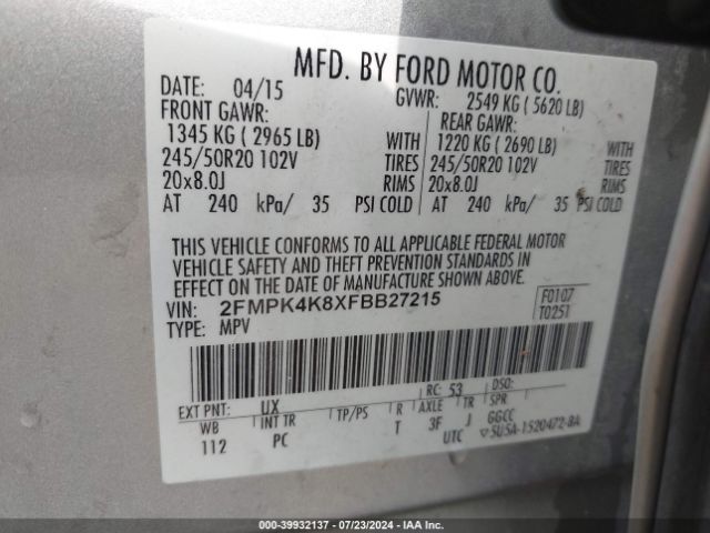 Photo 8 VIN: 2FMPK4K8XFBB27215 - FORD EDGE 