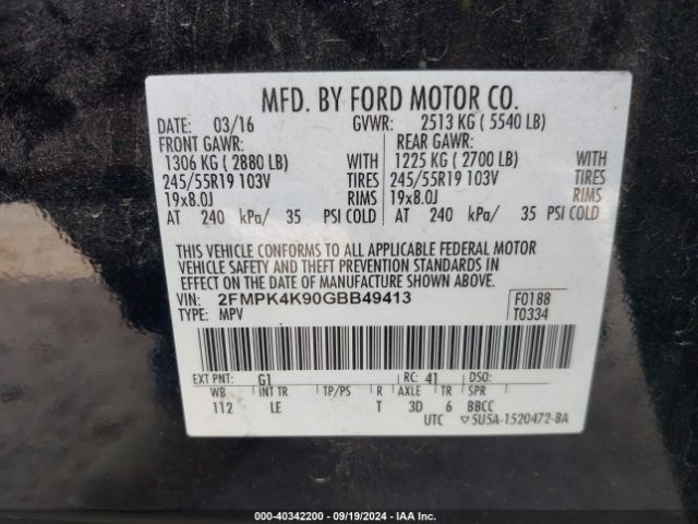 Photo 8 VIN: 2FMPK4K90GBB49413 - FORD EDGE 