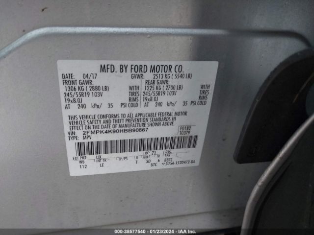 Photo 8 VIN: 2FMPK4K90HBB90867 - FORD EDGE 